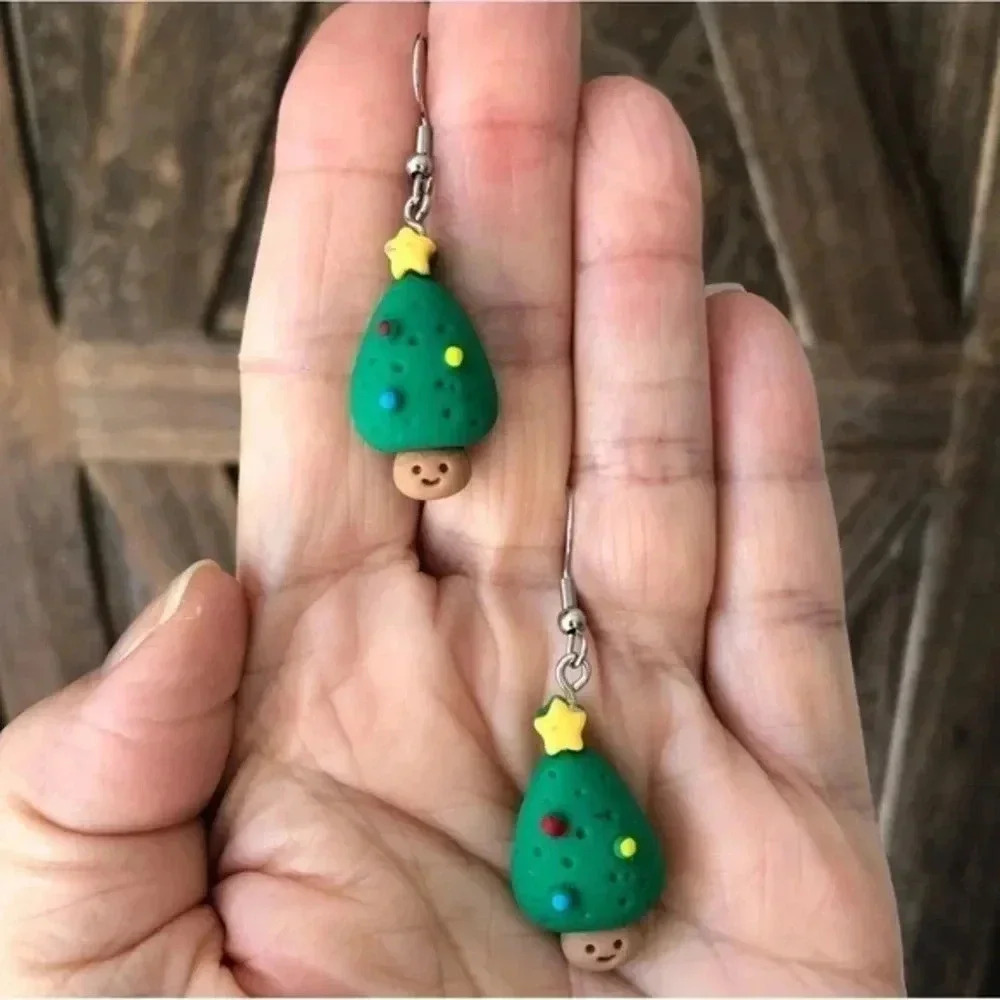 Smiley Face Christmas Trees Handmade Clay Polymer Drop Earrings NWT